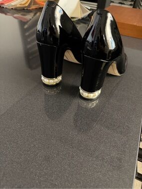 Karl Lagerfeld Black Patent Block Heels with Pearl & Gold Trim